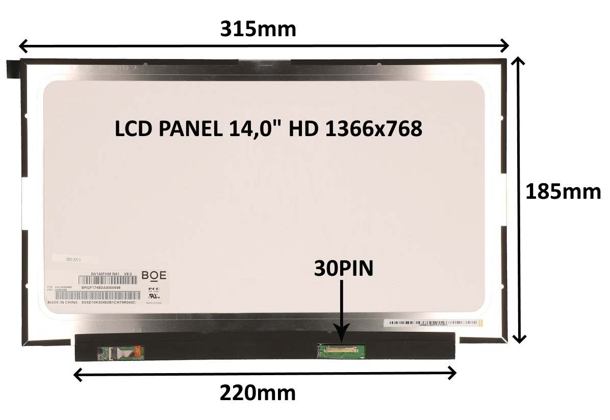 LCD PANEL 14,0" HD 1366x768 30PIN MATNÝ / BEZ ÚCHYTŮ