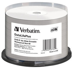 VERBATIM DVD-R DataLifePlus 4.7GB, 16x, printable, waterproof, spindle 50 ks
