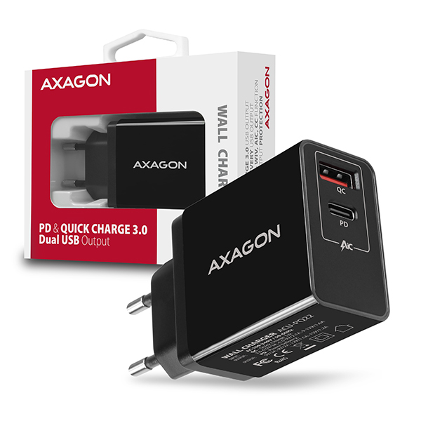 AXAGON ACU-PQ22, PD &amp; QC nabíječka do sítě 22W, 2x port (USB-A + USB-C), PD3.0/QC3.0/AFC/FCP/Apple,