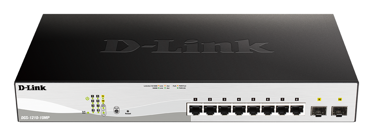 D-Link DGS-1210-10MP L2/L3 Smart+ PoE switch, 8x GbE PoE+, 2x SFP, PoE 130W, fanless