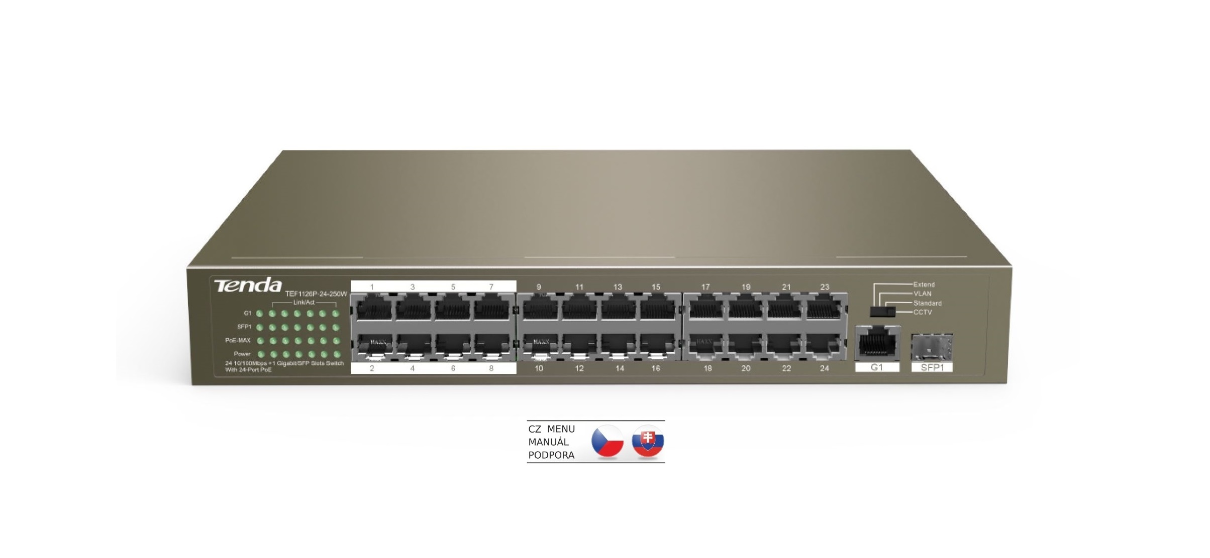 Tenda TEF1126P-24-250W PoE AF / AT switch - 24x PoE 100 Mb/s + 2x Uplink 1Gb/s RJ45/SFP, PoE+ 225W