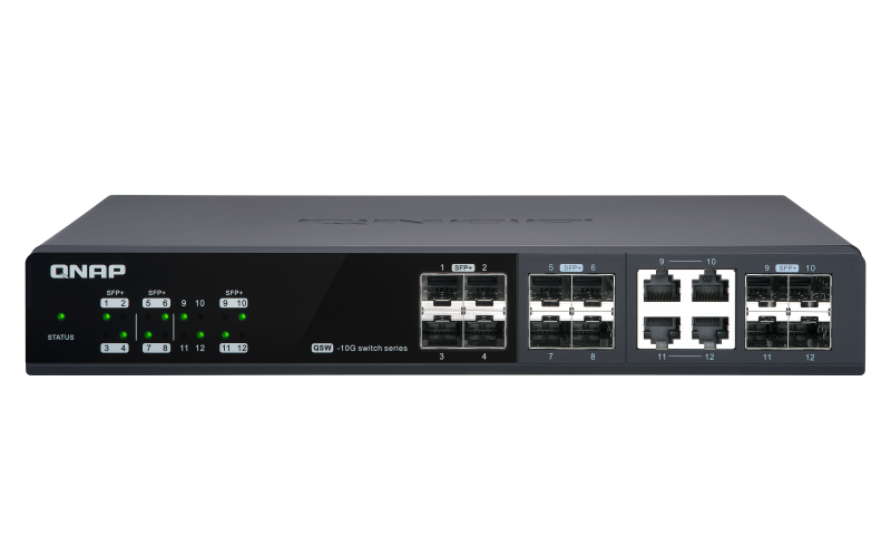 QNAP řízený switch QSW-M1204-4C: 12x 10G port SFP+ (8x SFP+ a 4x kombinované SFP+ / RJ-45)