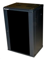 XtendLan 19" nástěnný rozvaděč 18U, šířka 600mm, hloubka 600mm, nosnost 60 kg, skleněné kouřové dveře, rozložený, černý