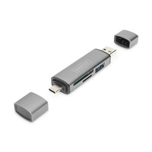 Digitus dvojitá čtečka karet OTG (USB-C + USB 3.0) 1x SD, 1x MicroSD, 1x USB 3.0, šedá