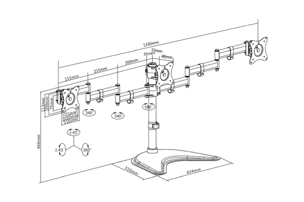 DIGITUS Univerzální stojan na tři monitory 13-27 ", 3x 8 kg (max.), Černý