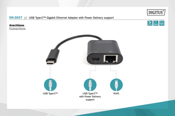 DIGITUS Gigabitový ethernetový adaptér USB typu C + PD s funkcí napájení