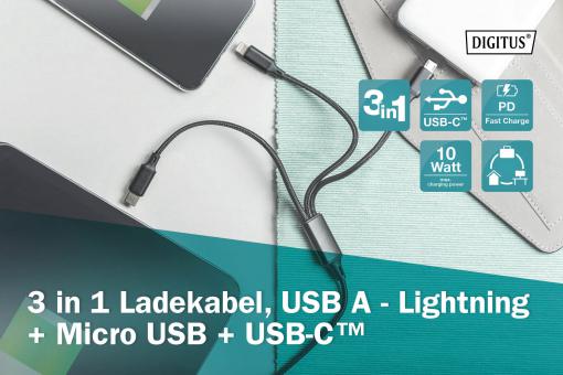 USB nabíjecí kabel, 3 v 1 , USB A - Lightning+micro B+Type-C 1m, kabel, bavlna, CE, bl